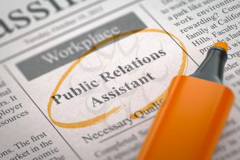 Public Relations Assistant - Jobs in Newspaper, Circled with a Orange Marker. Blurred Image. Selective focus. Hiring Concept. 3D.