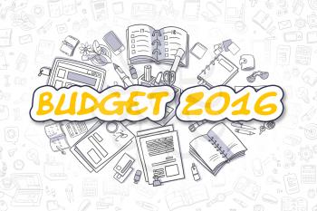 Cartoon Illustration of Budget 2016, Surrounded by Stationery. Business Concept for Web Banners, Printed Materials. 
