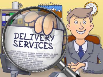 Business Man in Suit Looking at Camera and Holding a Paper with Text Delivery Services Concept through Magnifying Glass. Closeup View. Multicolor Doodle Style Illustration.