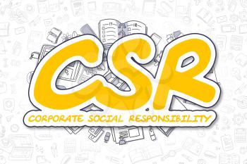 Business Illustration of Csr - Corporate Social Responsibility. Doodle Yellow Text Hand Drawn Doodle Design Elements. Csr - Corporate Social Responsibility Concept. 