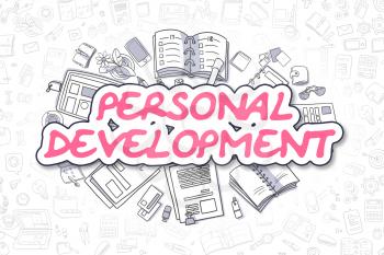 Cartoon Illustration of Personal Development, Surrounded by Stationery. Business Concept for Web Banners, Printed Materials. 