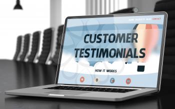 Customer Testimonials. Closeup Landing Page on Laptop Screen. Modern Conference Hall Background. Toned Image with Selective Focus. 3D Rendering.