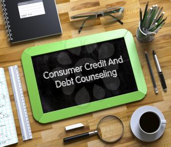 Small Chalkboard with Consumer Credit And Debt Counseling. Consumer Credit And Debt Counseling - Text on Small Chalkboard.3d Rendering.
