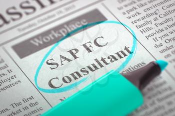 SAP FC Consultant - Small Advertising in Newspaper, Circled with a Azure Highlighter. Blurred Image with Selective focus. Job Search Concept. 3D Illustration.