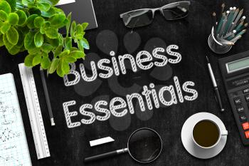Black Chalkboard with Business Essentials. 3d Rendering. 