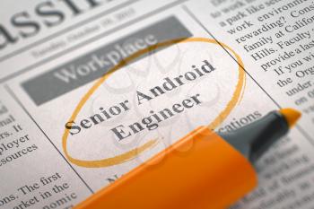 Newspaper with Small Advertising Senior Android Engineer. Blurred Image. Selective focus. Job Seeking Concept. 3D.