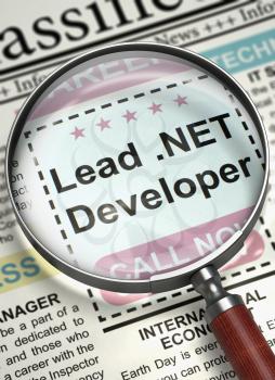 Column in the Newspaper with the Classified Ad of Lead .NET Developer. Loupe Over Newspaper with Job Vacancy of Lead .NET Developer. Concept of Recruitment. Selective focus. 3D.
