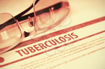 Diagnosis - Tuberculosis. Medicine Concept with Blurred Text and Specs on Red Background. Selective Focus. 3D Rendering.