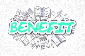 Benefit - Hand Drawn Business Illustration with Business Doodles. Green Inscription - Benefit - Cartoon Business Concept. 