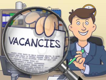 Businessman Showing Text on Paper Vacancies. Closeup View through Magnifying Glass. Multicolor Modern Line Illustration in Doodle Style.