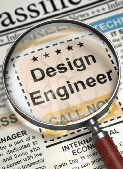 Magnifying Glass Over Newspaper with Jobs Section Vacancy of Design Engineer. Column in the Newspaper with the Job Vacancy of Design Engineer. Concept of Recruitment. Blurred Image. 3D Rendering.