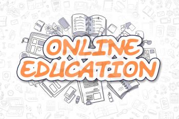 Online Education Doodle Illustration of Orange Text and Stationery Surrounded by Doodle Icons. Business Concept for Web Banners and Printed Materials. 