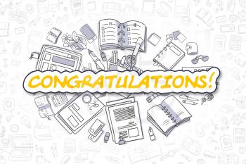 Doodle Illustration of Congratulations, Surrounded by Stationery. Business Concept for Web Banners, Printed Materials. 