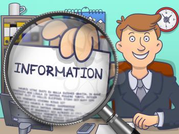 Officeman in Suit Looking at Camera and Showing a Concept on Paper Information Concept through Magnifier. Closeup View. Multicolor Doodle Illustration.