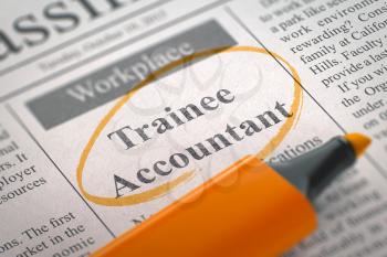 Trainee Accountant - Advertisements and Classifieds Ads for Vacancy in Newspaper, Circled with a Orange Highlighter. Blurred Image with Selective focus. Job Seeking Concept. 3D Render.