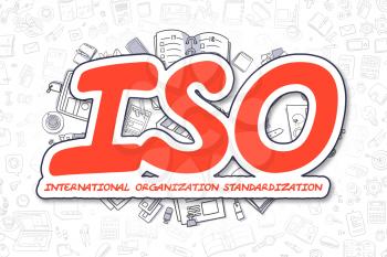 Business Illustration of ISO - International Organization Standardization. Doodle Red Word Hand Drawn Cartoon Design Elements. ISO - International Organization Standardization Concept. 