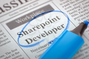 A Newspaper Column in the Classifieds with the Small Ads of Job Search of Sharepoint Developer, Circled with a Blue Highlighter. Blurred Image with Selective focus. Job Search Concept. 3D Rendering.