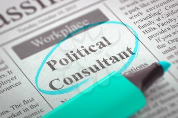 Newspaper with Classified Advertisement of Hiring Political Consultant. Blurred Image. Selective focus. Job Seeking Concept. 3D Render.
