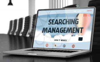 Searching Management Concept. Closeup Landing Page on Mobile Computer Screen on Background of Meeting Hall in Modern Office. Blurred. Toned Image. 3D.