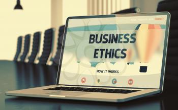 Modern Conference Room with Laptop on Foreground Showing Landing Page with Text Business Ethics. Closeup View. Toned Image. Selective Focus. 3D.