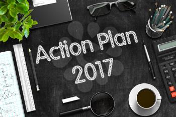 Action Plan 2017 - Black Chalkboard with Hand Drawn Text and Stationery. Top View. 3d Rendering. 