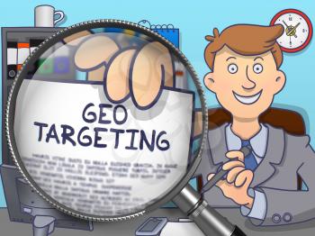 Geo Targeting. Business Man Showing Paper with Text through Magnifier. Colored Modern Line Illustration in Doodle Style.