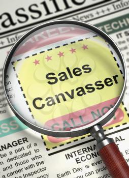 Sales Canvasser - Small Advertising in Newspaper. Illustration of Small Ads of Job Search of Sales Canvasser in Newspaper with Magnifying Lens. Job Seeking Concept. Blurred Image. 3D Illustration.