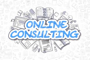 Online Consulting Doodle Illustration of Blue Inscription and Stationery Surrounded by Doodle Icons. Business Concept for Web Banners and Printed Materials. 