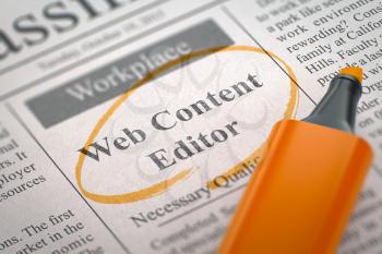 Web Content Editor - Small Advertising in Newspaper, Circled with a Orange Marker. Blurred Image. Selective focus. Concept of Recruitment. 3D Illustration.