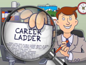 Career Ladder. Officeman Showing Paper with Concept through Magnifier. Multicolor Doodle Style Illustration.