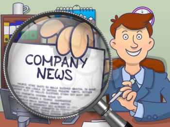 Company News on Paper in Business Man's Hand through Lens to Illustrate a Business Concept. Colored Modern Line Illustration in Doodle Style.