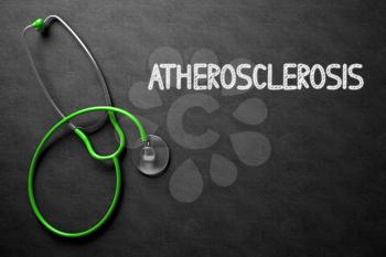 Medical Concept: Atherosclerosis on Black Chalkboard. Medical Concept: Atherosclerosis - Text on Black Chalkboard with Green Stethoscope. 3D Rendering.