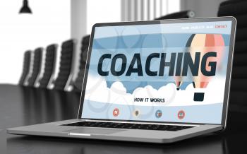 Coaching - Landing Page with Inscription on Mobile Computer Display on Background of Comfortable Meeting Hall in Modern Office. Closeup View. Toned Image. Blurred Background. 3D Render.