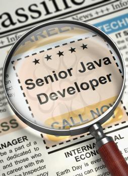 Senior Java Developer - Close View Of A Classifieds Through Loupe. Column in the Newspaper with the Job Vacancy of Senior Java Developer. Job Search Concept. Blurred Image. 3D Illustration.