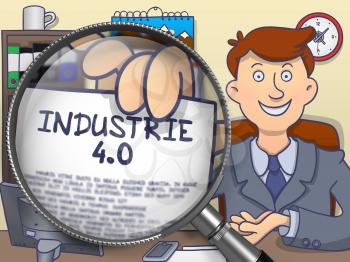 Industrie 4.0. Handsome Businessman in Office Showing Paper with Inscription through Lens. Multicolor Doodle Style Illustration.