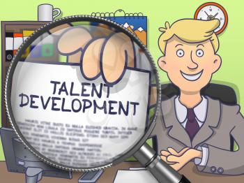Talent Development. Businessman Showing a Paper with Text through Lens. Multicolor Modern Line Illustration in Doodle Style.