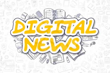 Doodle Illustration of Digital News, Surrounded by Stationery. Business Concept for Web Banners, Printed Materials. 