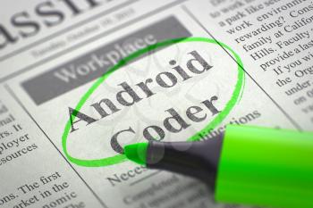 Android Coder - Small Advertising in Newspaper, Circled with a Green Marker. Blurred Image. Selective focus. Job Seeking Concept. 3D Rendering.