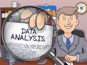 Data Analysis. Man Showing Paper with Text through Lens. Multicolor Modern Line Illustration in Doodle Style.