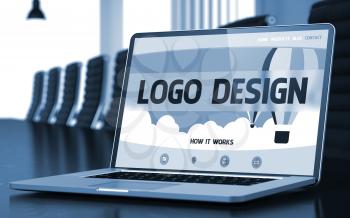 Logo Design - Landing Page with Inscription on Mobile Computer Screen on Background of Comfortable Meeting Hall in Modern Office. Closeup View. Toned. Blurred Image. 3D Illustration.