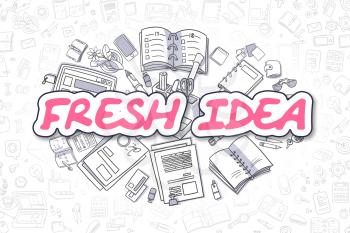 Fresh Idea - Hand Drawn Business Illustration with Business Doodles. Magenta Word - Fresh Idea - Doodle Business Concept. 
