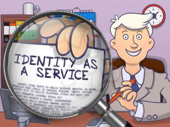 Identity as a Service. Officeman Welcomes in Office and Showing through Lens Paper with Inscription. Colored Doodle Illustration.