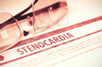 Stenocardia - Medical Concept on Red Background with Blurred Text and Composition of Eyeglasses. 3D Rendering.