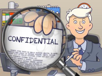 Business Man Welcomes in Office and Showing a Concept on Paper Confidential. Closeup View through Magnifier. Colored Doodle Illustration.