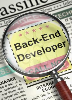 Back-End Developer - Job Vacancy in Newspaper. Column in the Newspaper with the Jobs Section Vacancy of Back-End Developer. Job Seeking Concept. Selective focus. 3D Render.