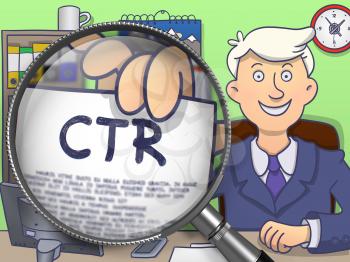 Businessman Showing Paper with Text CTR - Click through Rate. Closeup View through Lens. Multicolor Modern Line Illustration in Doodle Style.