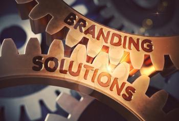 Branding Solutions - Technical Design. Branding Solutions on the Mechanism of Golden Cogwheels with Lens Flare. 3D Rendering.