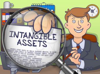 Intangible Assets on Paper in Officeman's Hand to Illustrate a Business Concept. Closeup View through Magnifier. Multicolor Modern Line Illustration in Doodle Style.