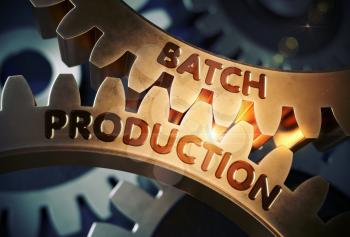 Batch Production on the Mechanism of Golden Cogwheels. Batch Production - Industrial Illustration with Glow Effect and Lens Flare. 3D Rendering.