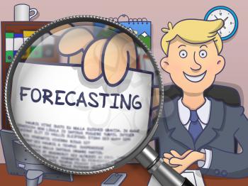 Forecasting. Man Holds Out a Paper with Concept through Lens. Colored Doodle Style Illustration.